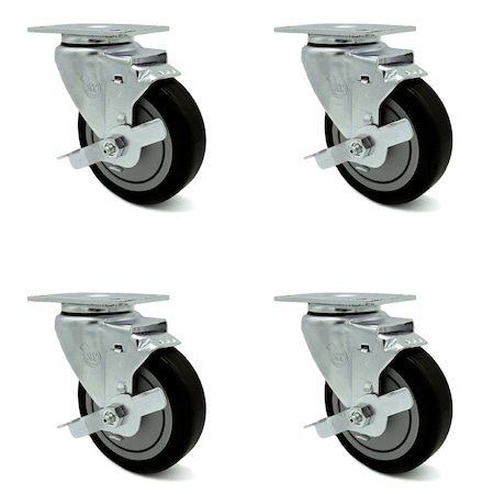 4 Inch Black Polyurethane Wheel Swivel Top Plate Caster Set With Brake SCC